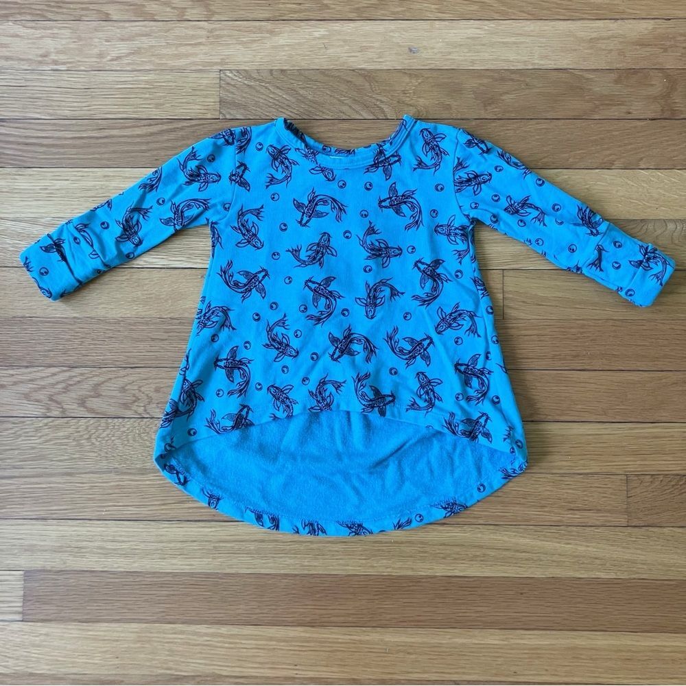 Noni Bee Teal Blue Goldfish Fish Print High Low Long Sleeve Cotton Dress 12-24
